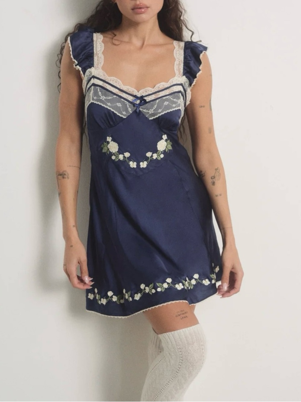 For Love And Lemons Navy Chemise with Cream Lace & Daisy Embroidery